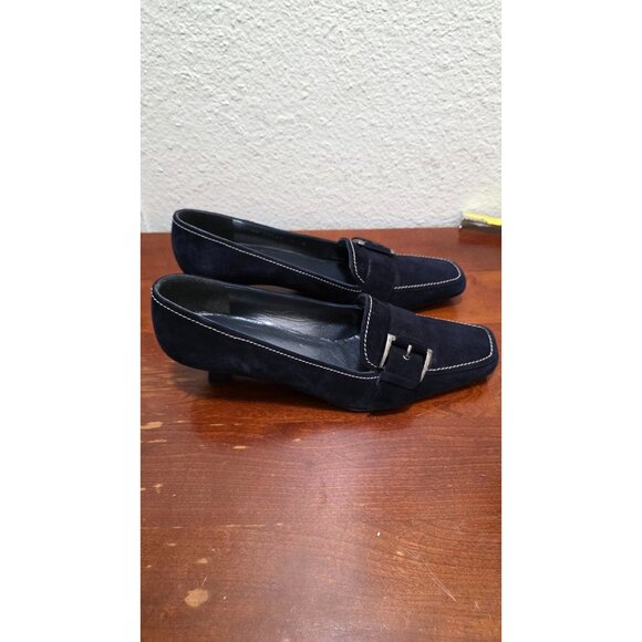 Stuart Weitzman Women's Navy Suede Loafers With Buckle Detail & Contrast Stitchi - Picture 3 of 9